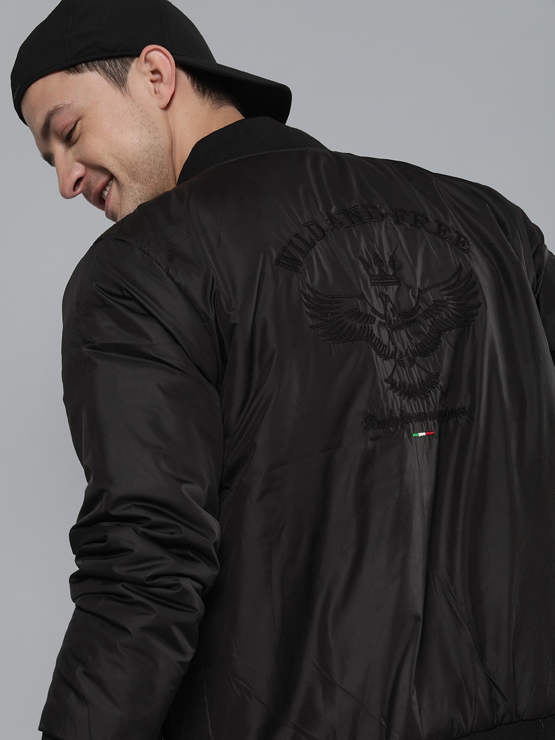 

HERE&NOW Men Black Back Printed Windcheater Bomber Jacket