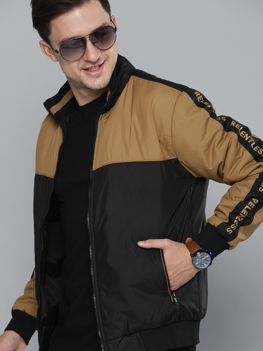 

HERE&NOW Men Brown & Black Colourblocked Padded Jacket