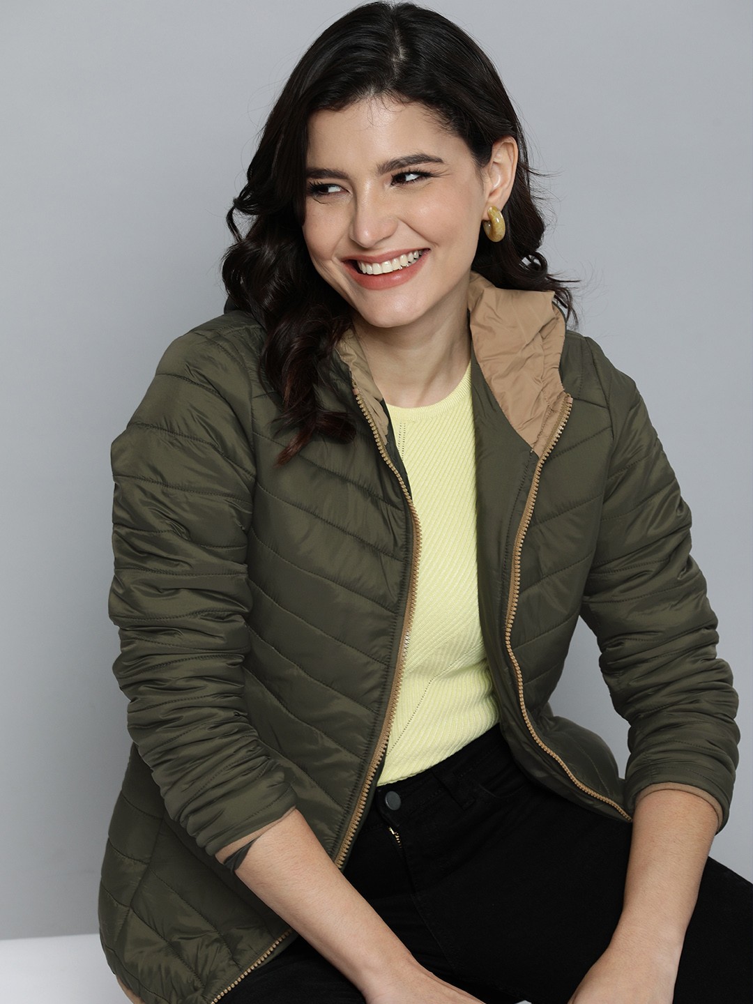 

HERE&NOW Women Olive Green Solid Hooded Padded Jacket