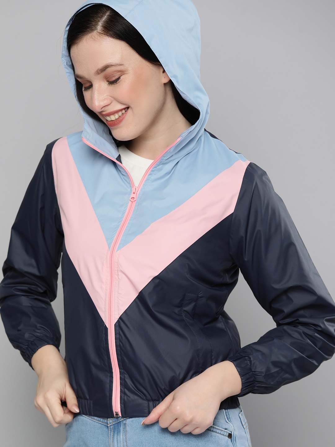 

HERE&NOW Women Navy Blue & Pink Colourblocked Open Front Hooded Jacket