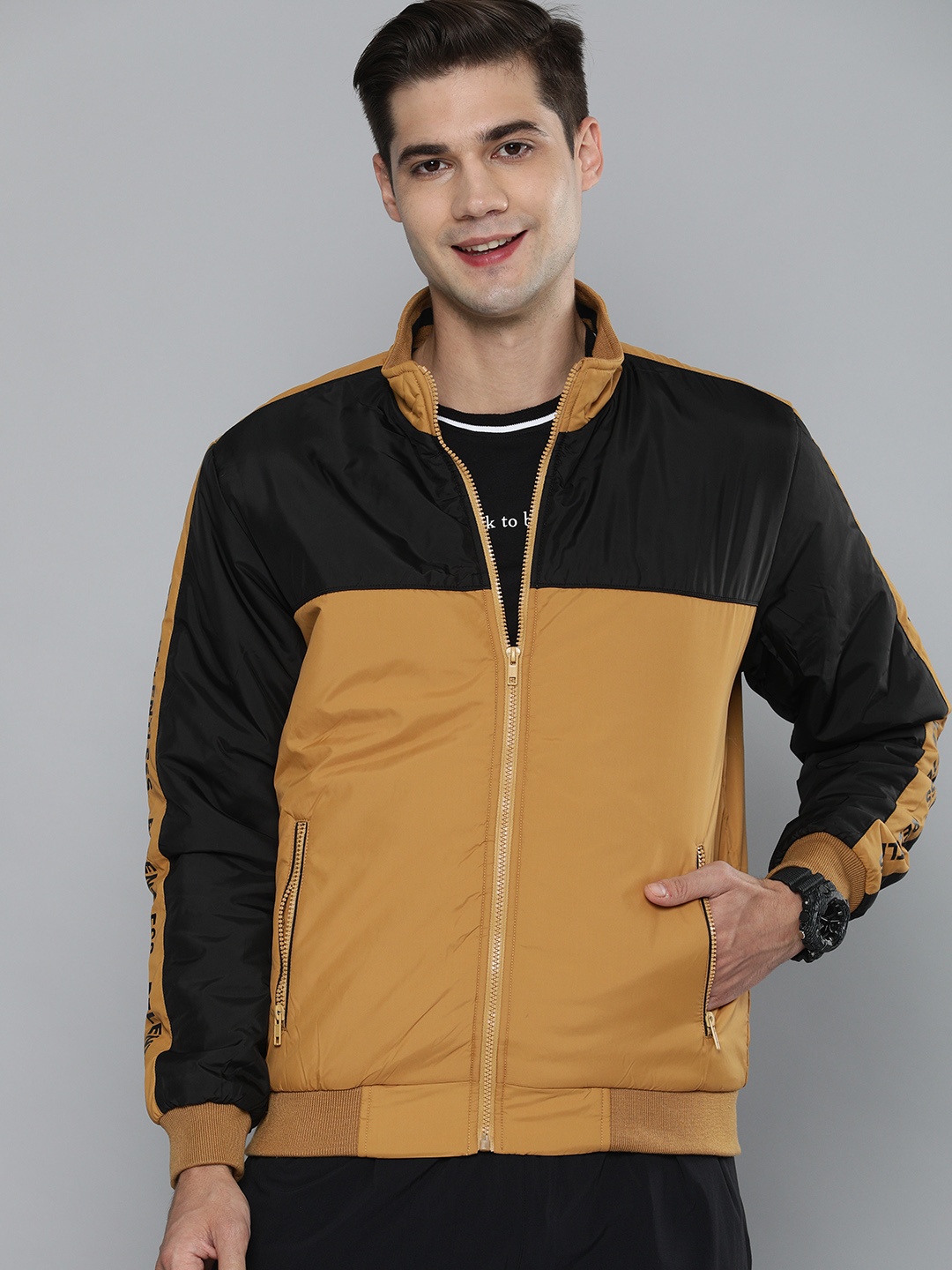 

HERE&NOW Men Mustard Yellow & Black Colourblocked Windcheater Bomber Jacket