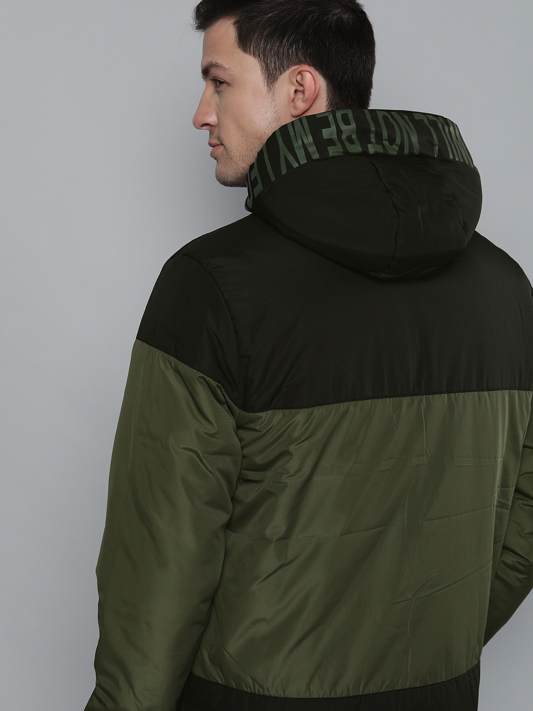 

HERE&NOW Men Olive Green & Black Colourblocked Padded Jacket