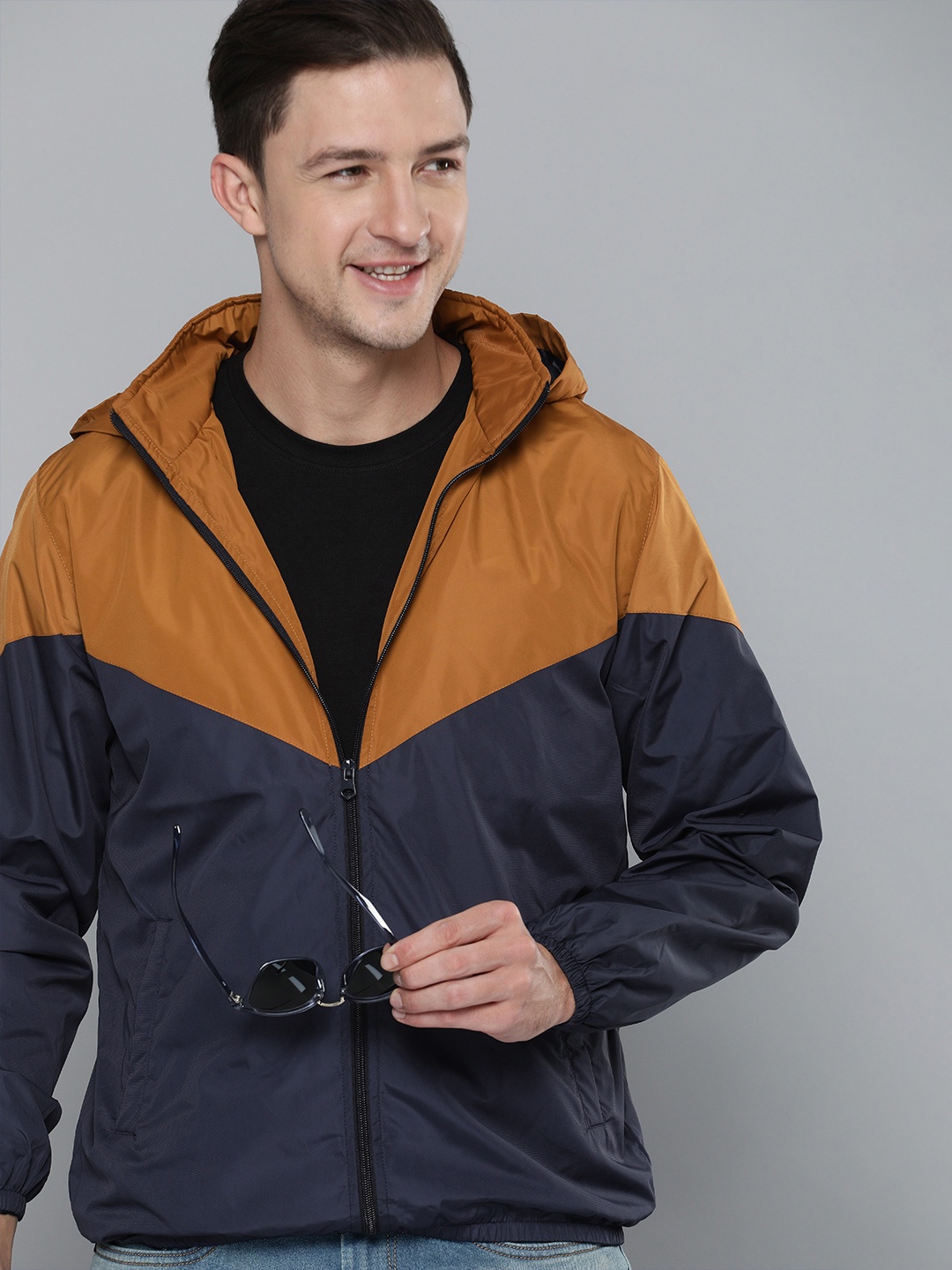 

HERE&NOW Men Tan Brown & Navy Blue Colourblocked Hooded Sporty Jacket