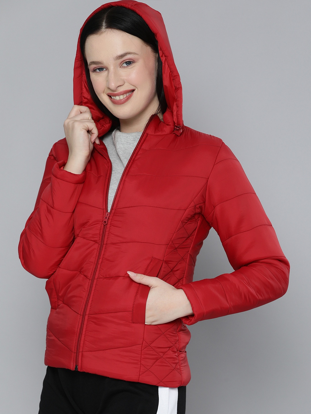 

HERE&NOW Women Red Solid Hooded Padded Jacket