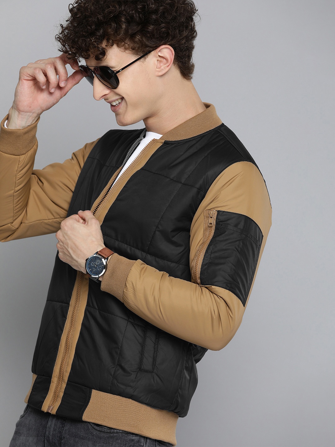 

HERE&NOW Men Black Contrast Sleeves Bomber Jacket