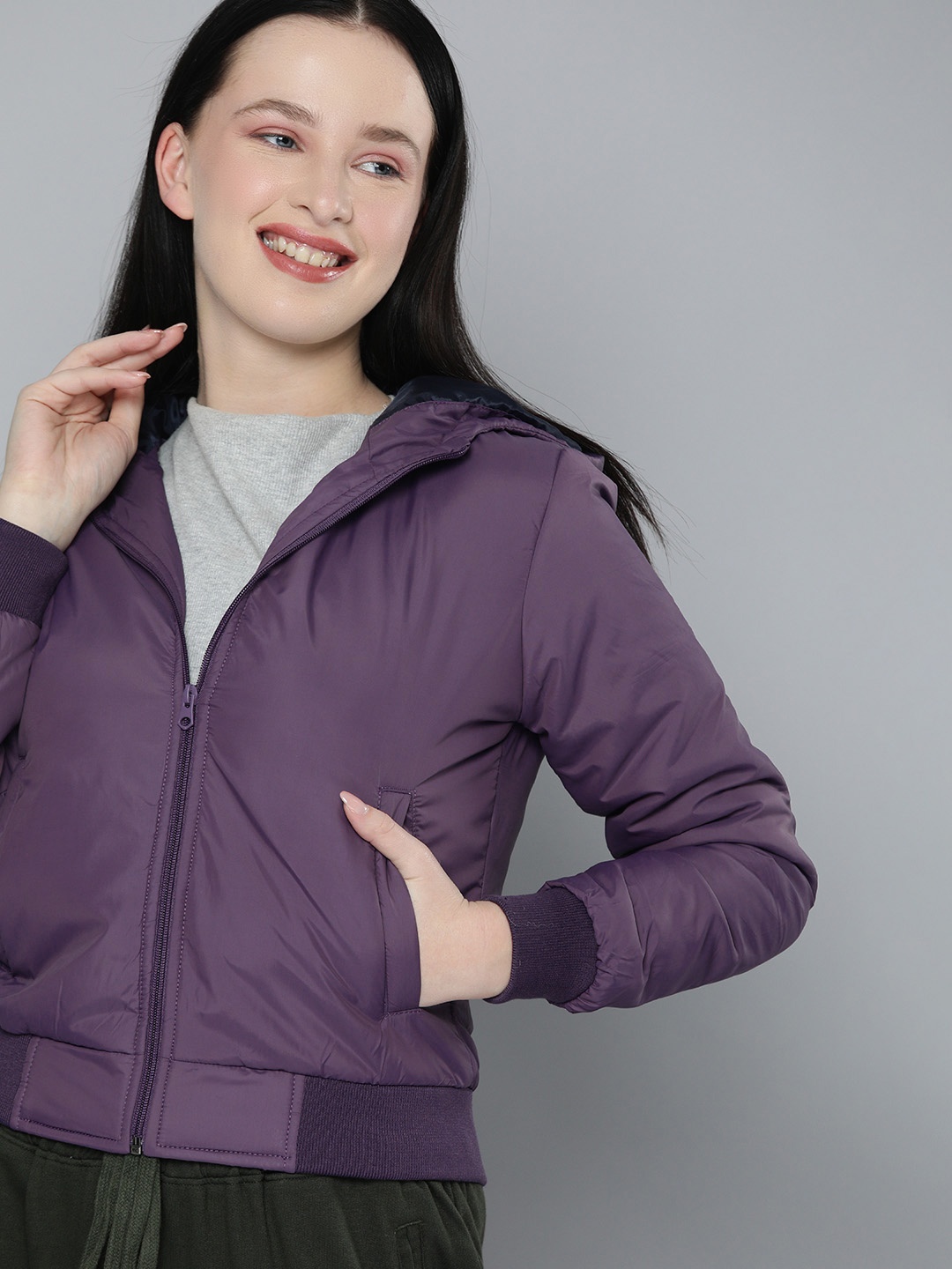 

HERE&NOW Women Purple Solid Hooded Bomber Jacket