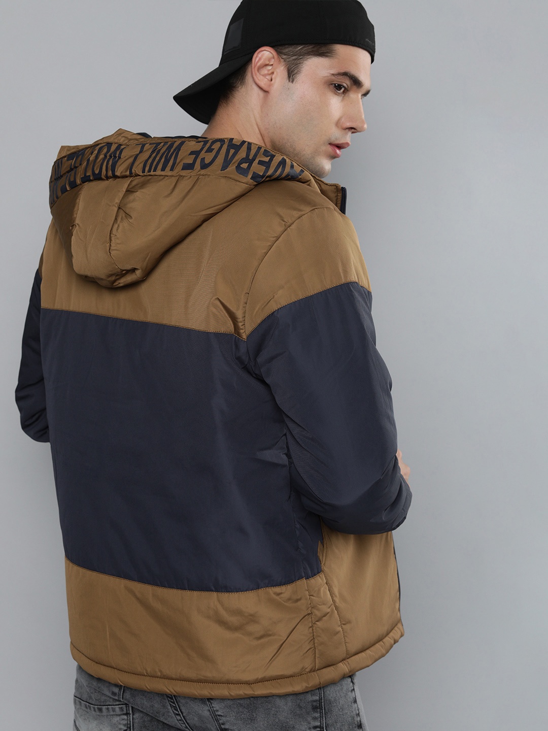 

HERE&NOW Men Navy Blue & Khaki Colourblocked Sporty Jacket