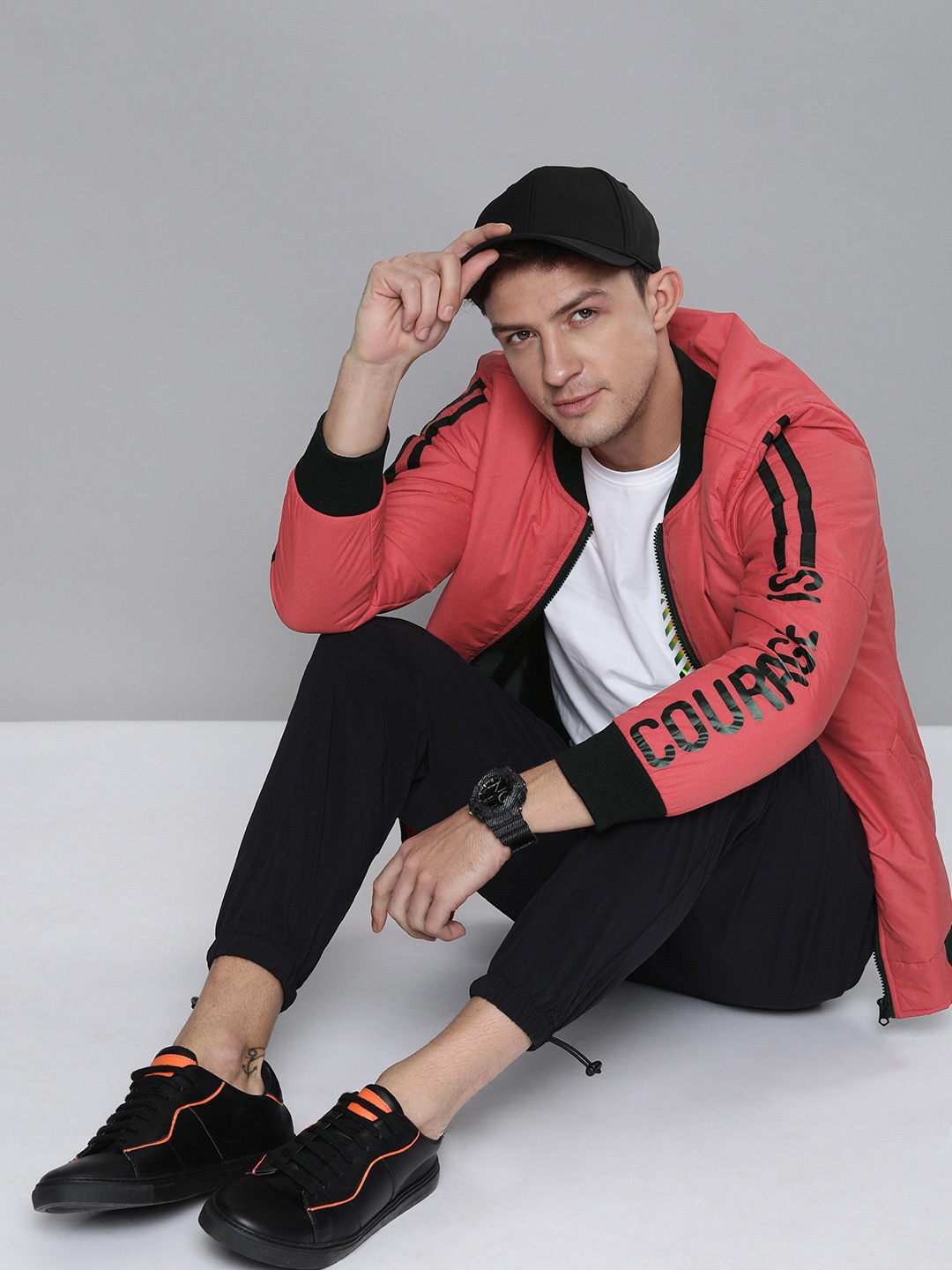 

HERE&NOW Men Red Printed Sleeves Bomber Jacket