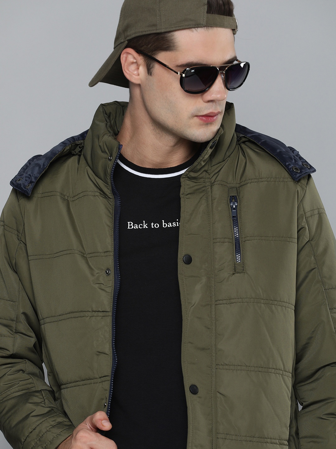 

HERE&NOW Men Olive Green Puffer Jacket with Detachable Hood