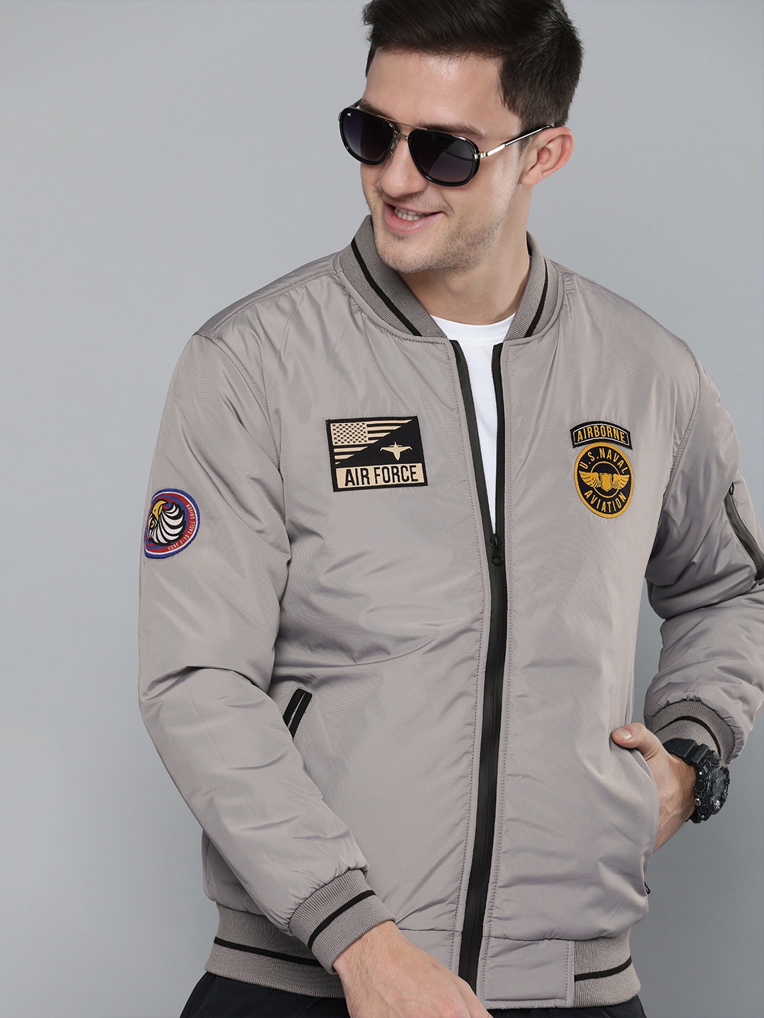 

HERE&NOW Men Grey Bomber Jacket with Applique Detail