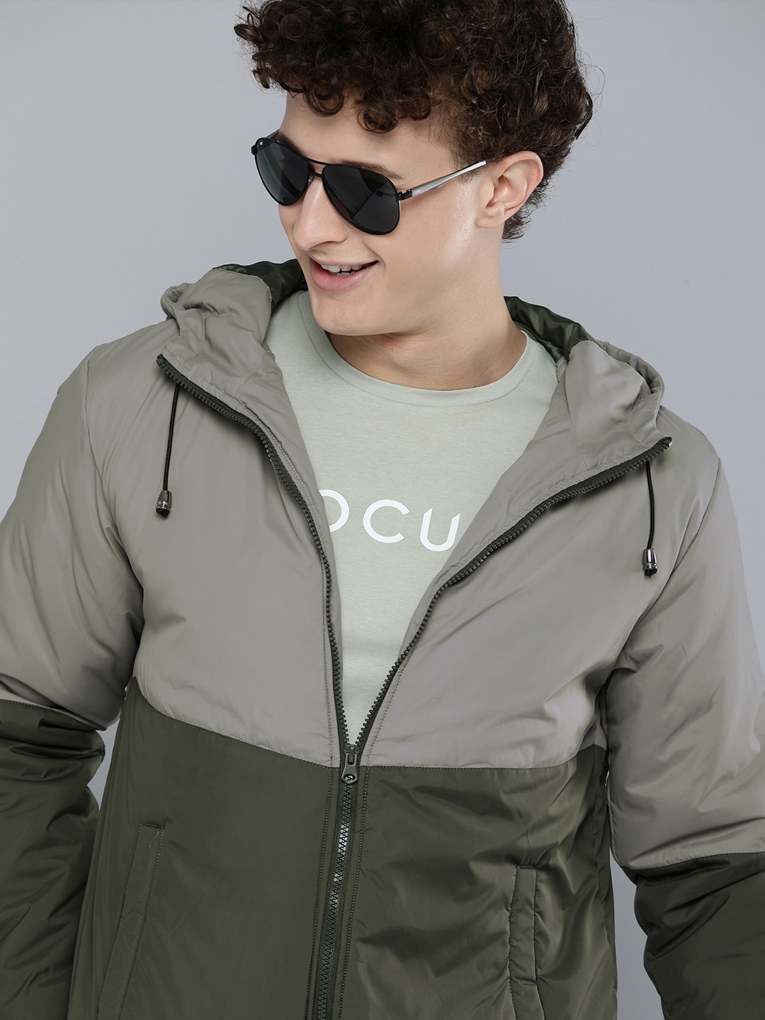 

HERE&NOW Men Grey & Olive Green Colourblocked Sporty Jacket