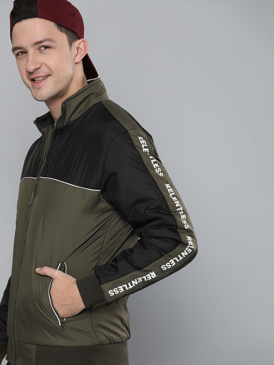 

HERE&NOW Men Black & Olive Green Colourblocked Bomber Jacket