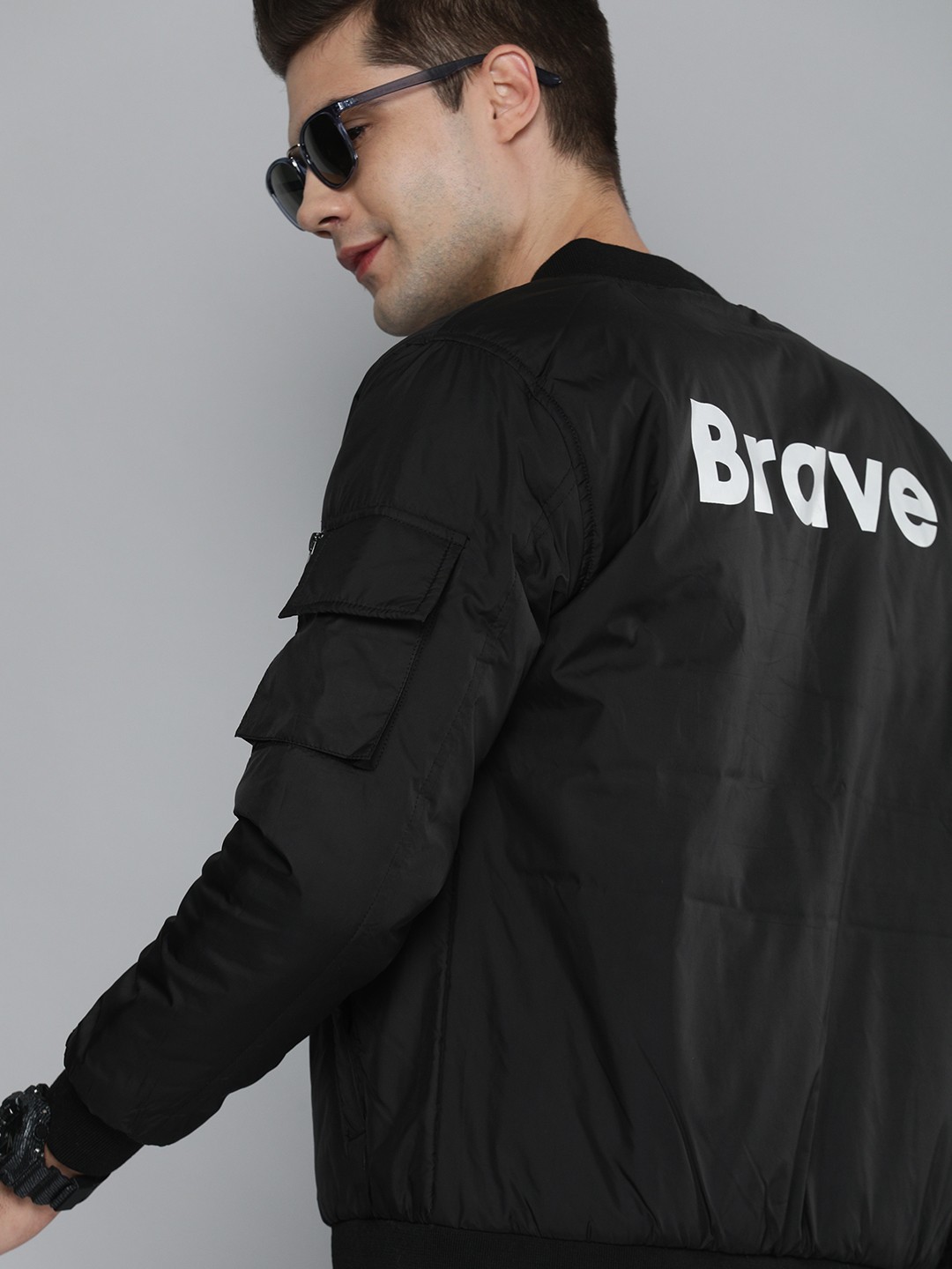 

HERE&NOW Men Black Typography Bomber Jacket