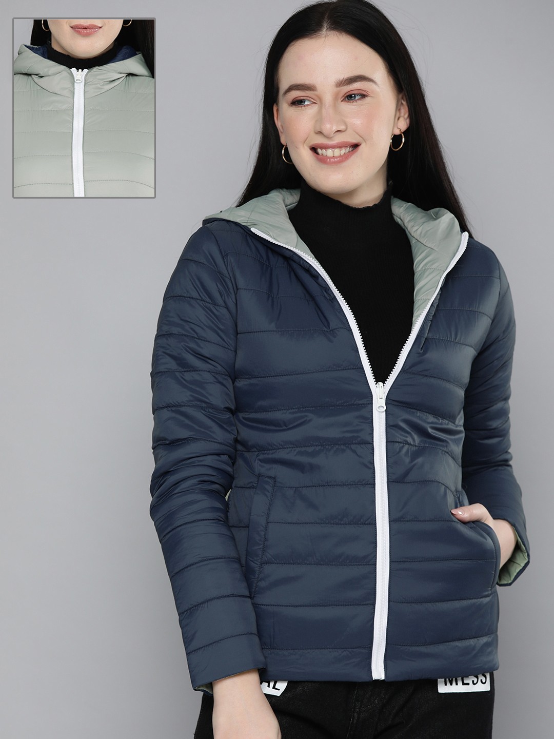 

HERE&NOW Women Navy Blue & Green Reversible Padded Jacket