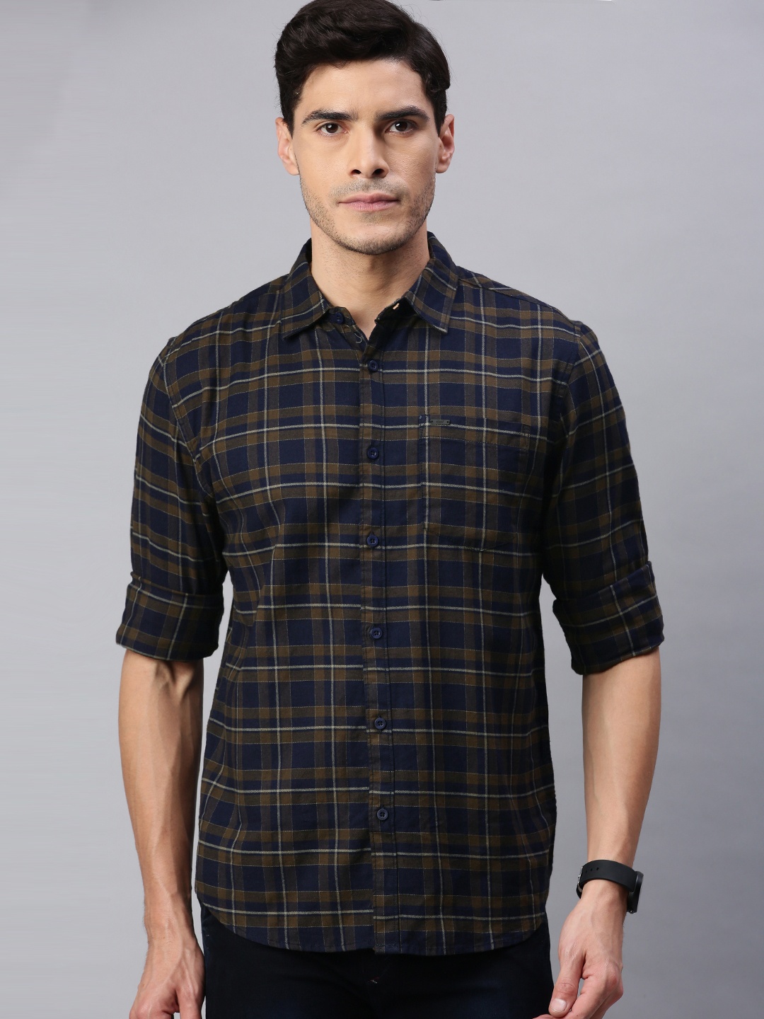 

abof Men Navy Blue Slim Fit Tartan Checks Checked Casual Shirt