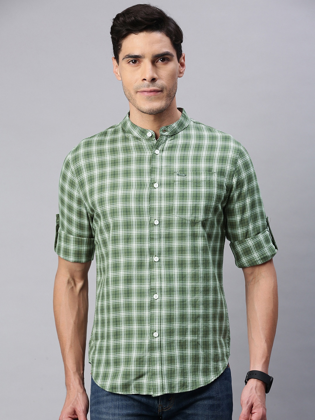 

abof Men Green Slim Fit Checked Casual Shirt