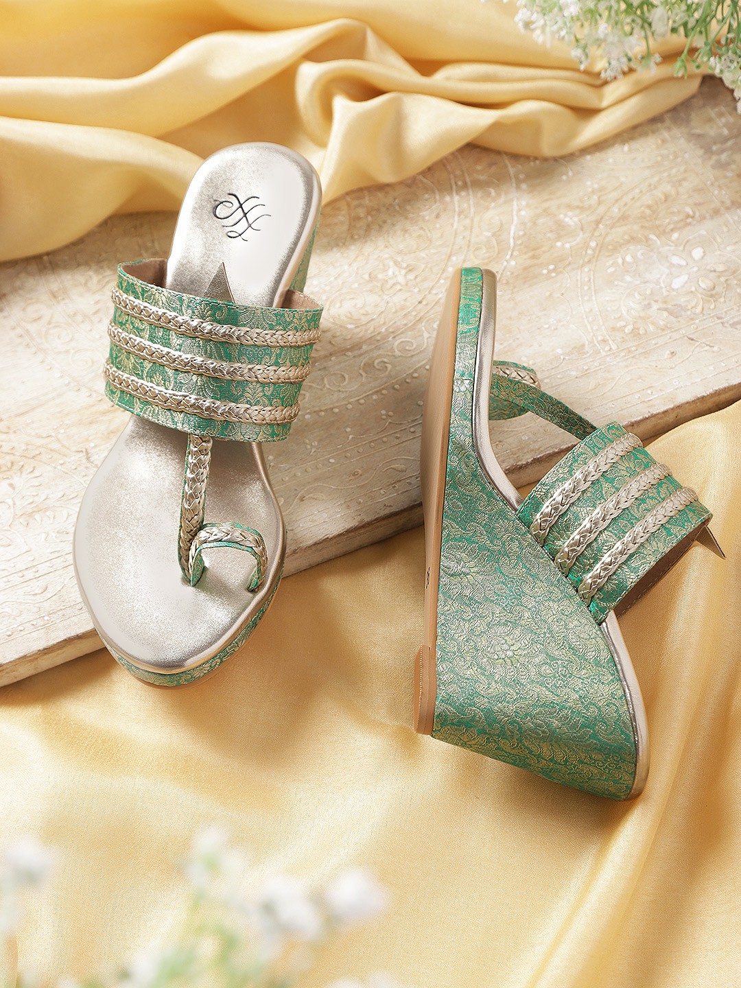 

House of Pataudi Green Woven Design Wedge Sandals