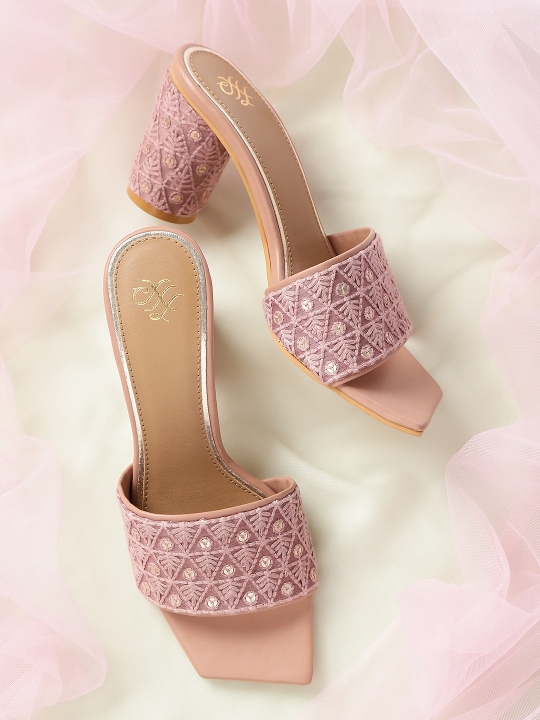 

House of Pataudi Pink Embroidered Handcrafted Open Toe Block Heels