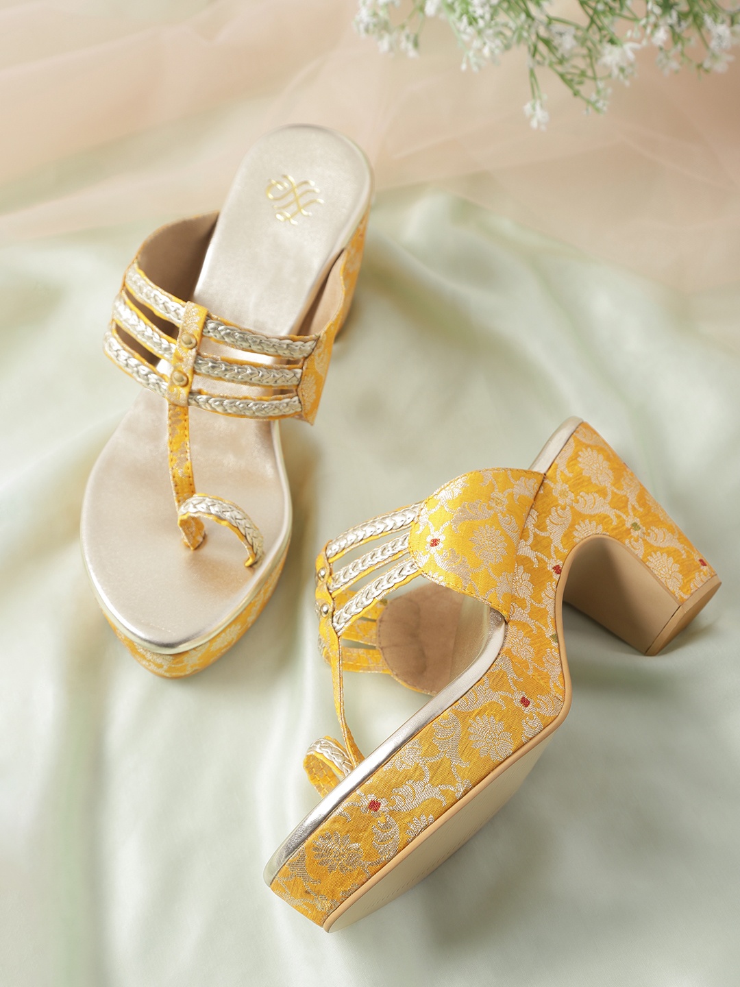 

House of Pataudi Mustard Yellow & Gold-Toned Woven Design Handcrafted Block Heels