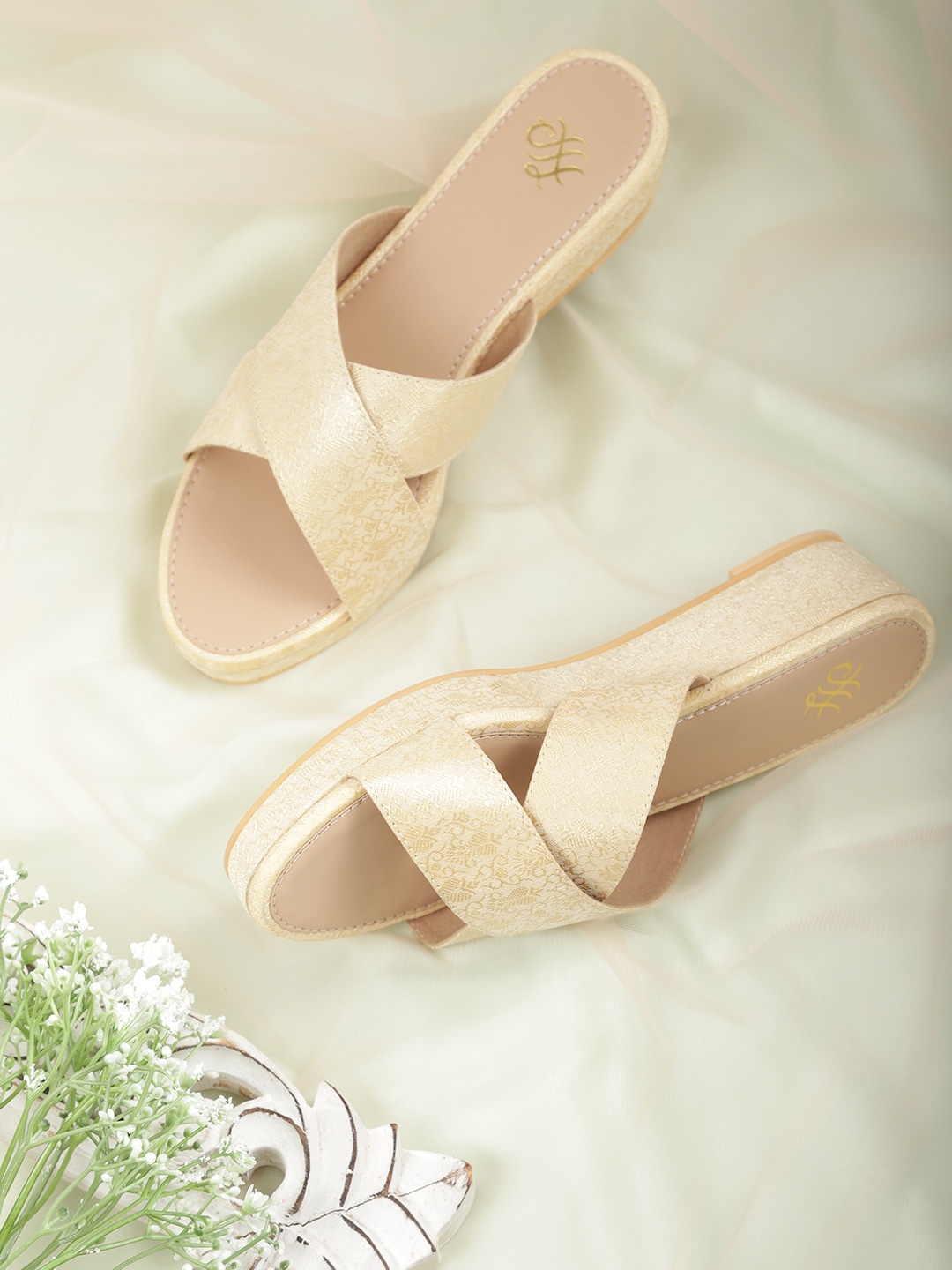 

House of Pataudi Beige Woven Design Criss Cross Handcrafted Wedges