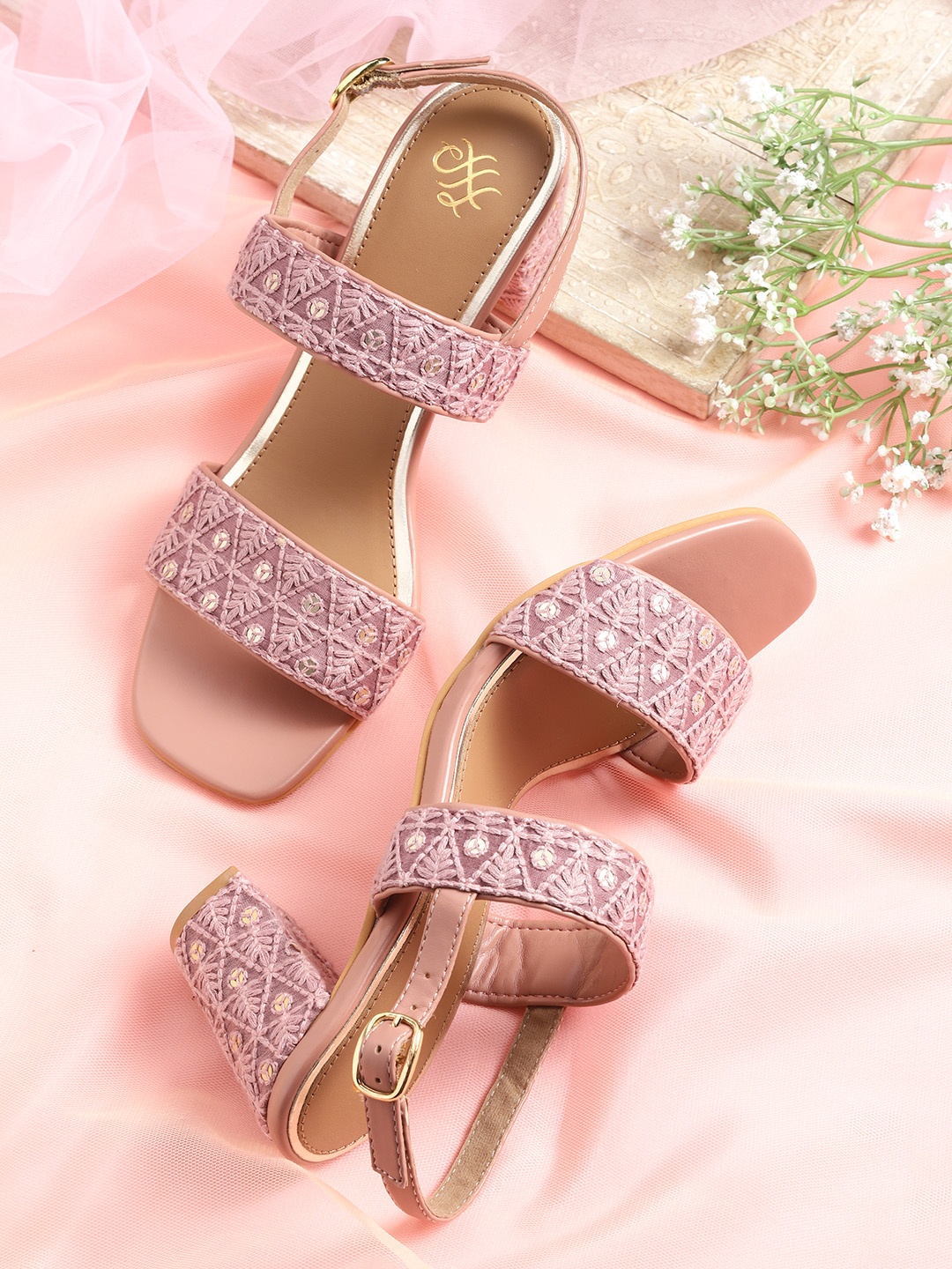 

House of Pataudi Pink Handcrafted Woven Design Block Heels