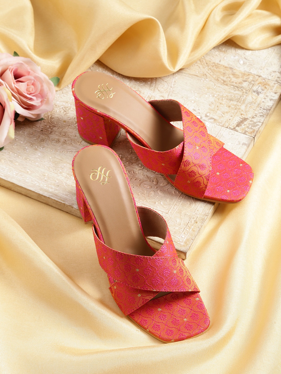 

House of Pataudi Women Orange & Pink Woven Design Handcrafted Block Heels