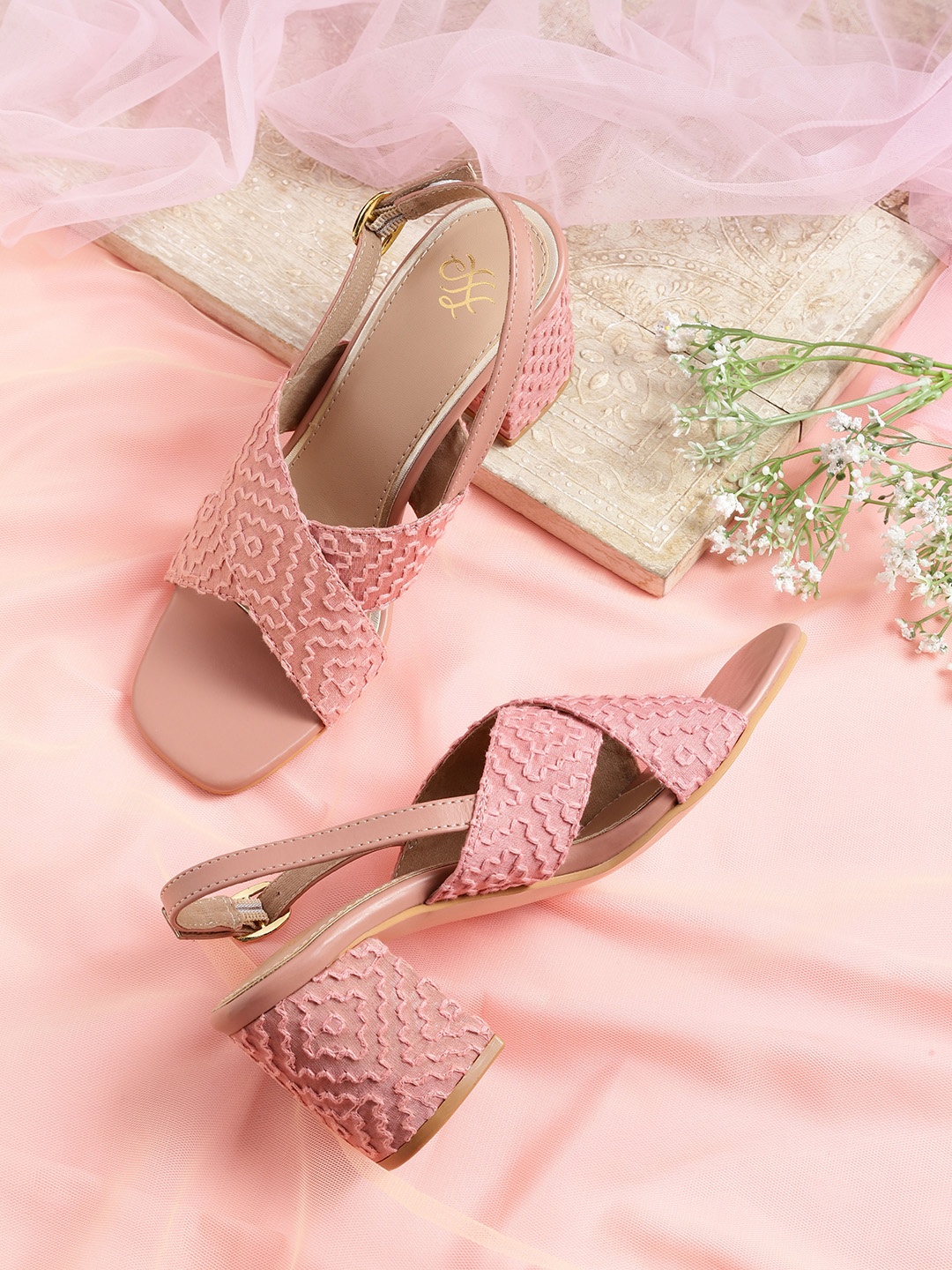 

House of Pataudi Women Pink Woven Design Handcrafted Block Heels