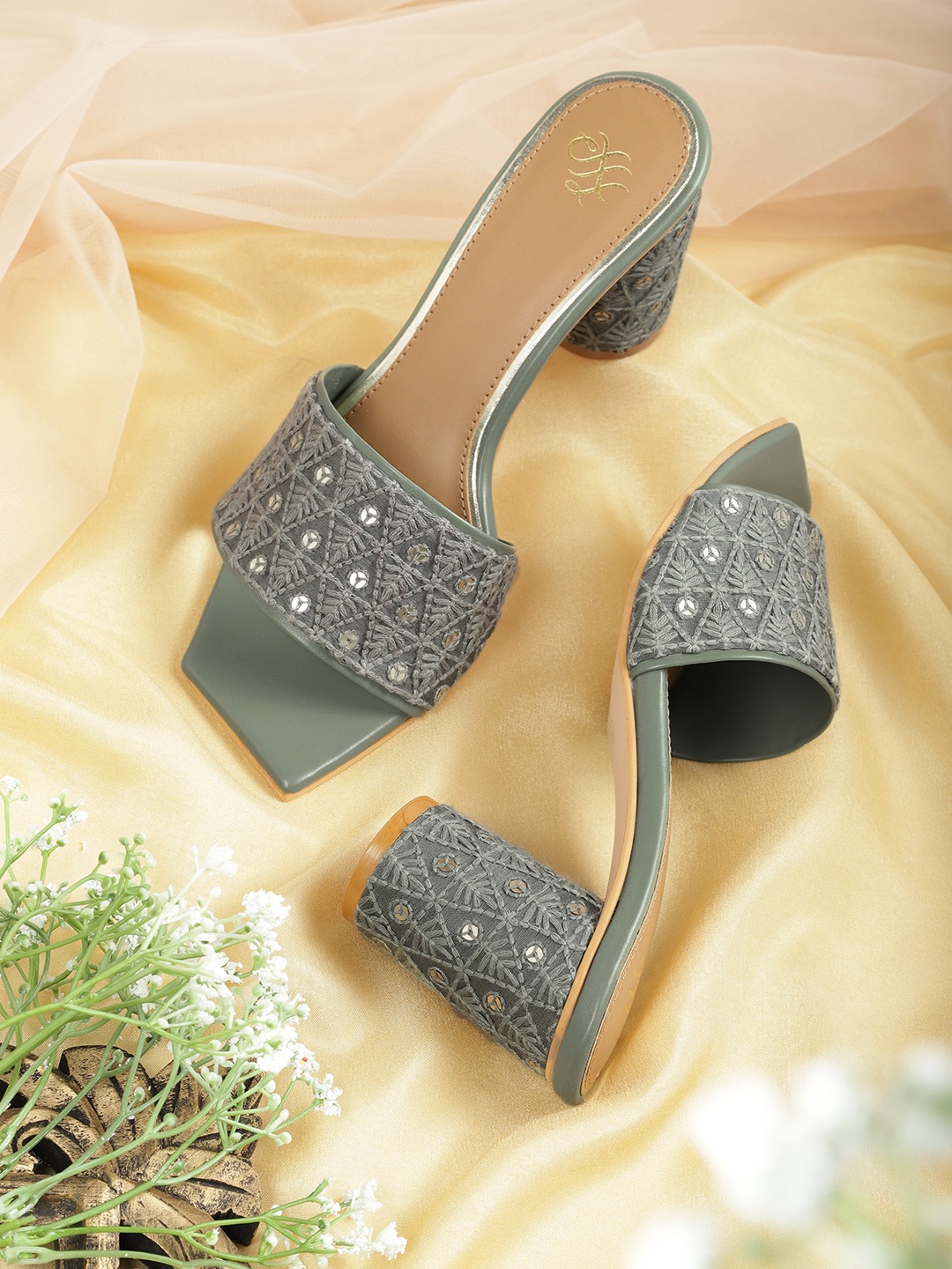 

House of Pataudi Green Woven Design Handcrafted Block Heels