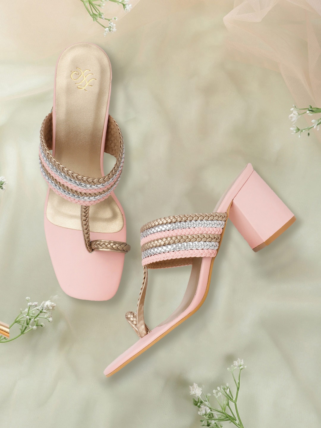 

House of Pataudi Pink & Gold-Toned Braided Ethnic Handcrafted One Toe Block Heels