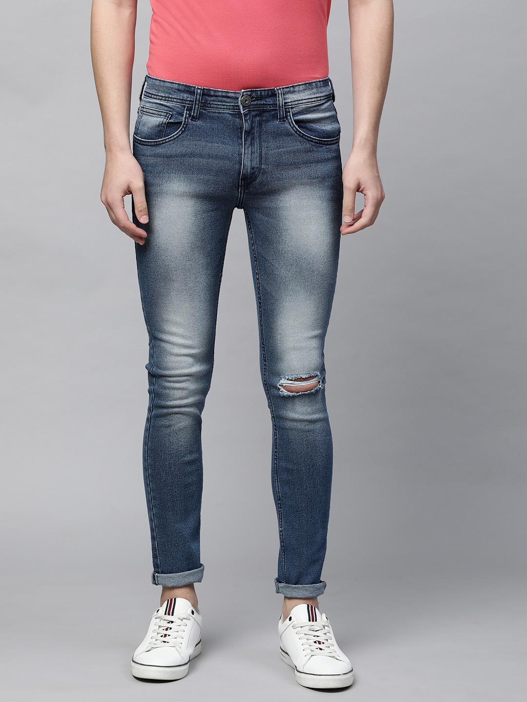 

abof Men Blue Slim Fit Mildly Distressed Heavy Fade Stretchable Jeans