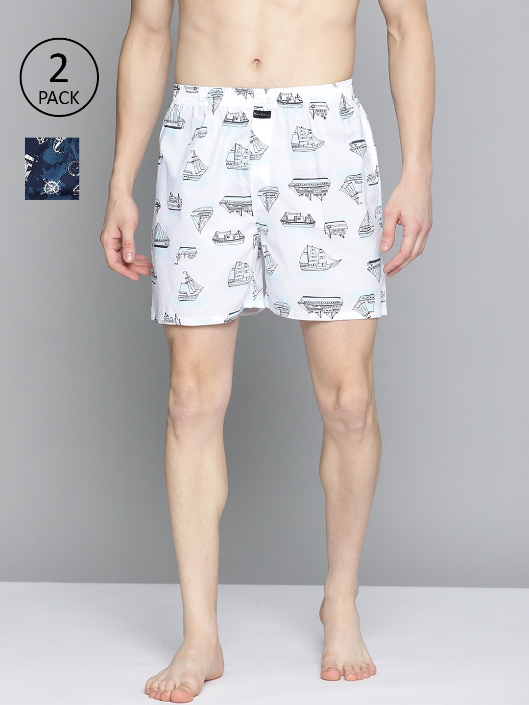 

Mast & Harbour Men Pack of 2 Printed Cotton Boxers, White