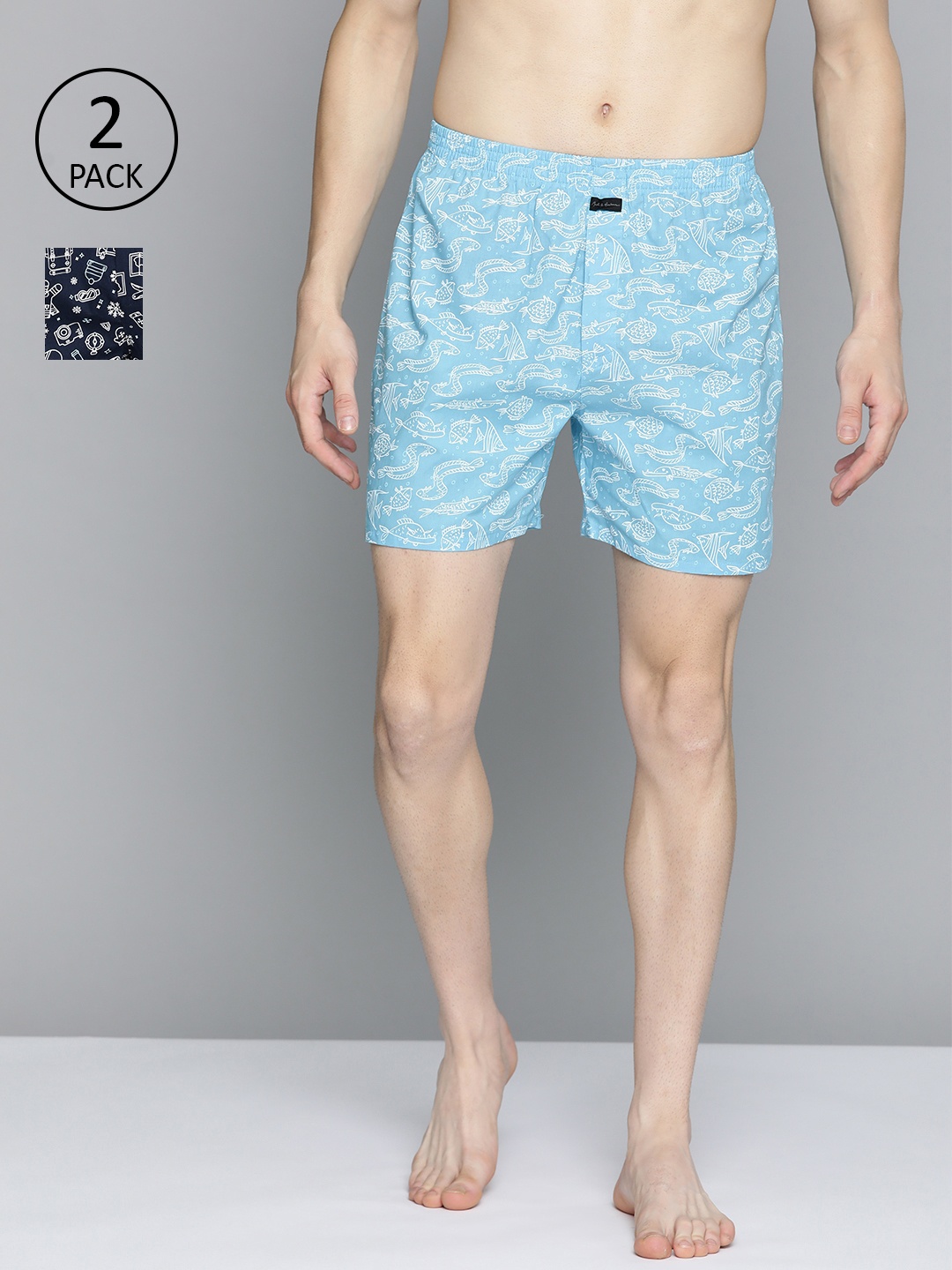 

Mast & Harbour Men Pack of 2 Printed Cotton Boxers, Blue