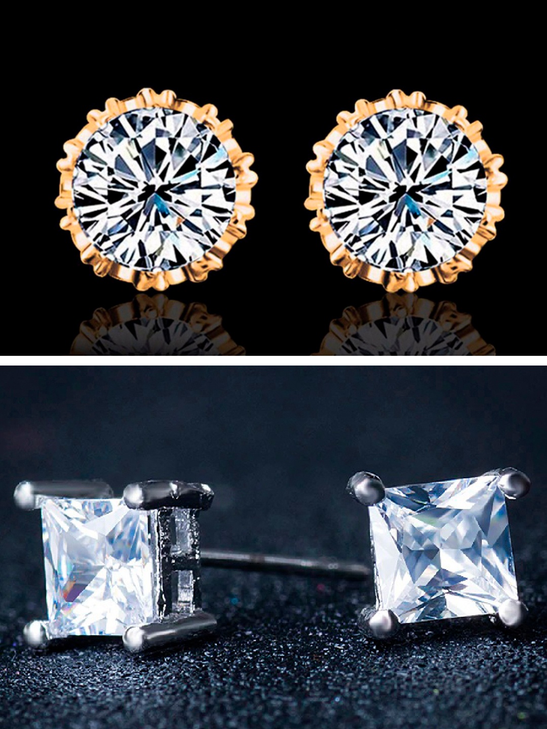 

OOMPH Set Of 2 Silver & Gold-Toned Handcrafted Cubic Zirconia Studded Earring Studs