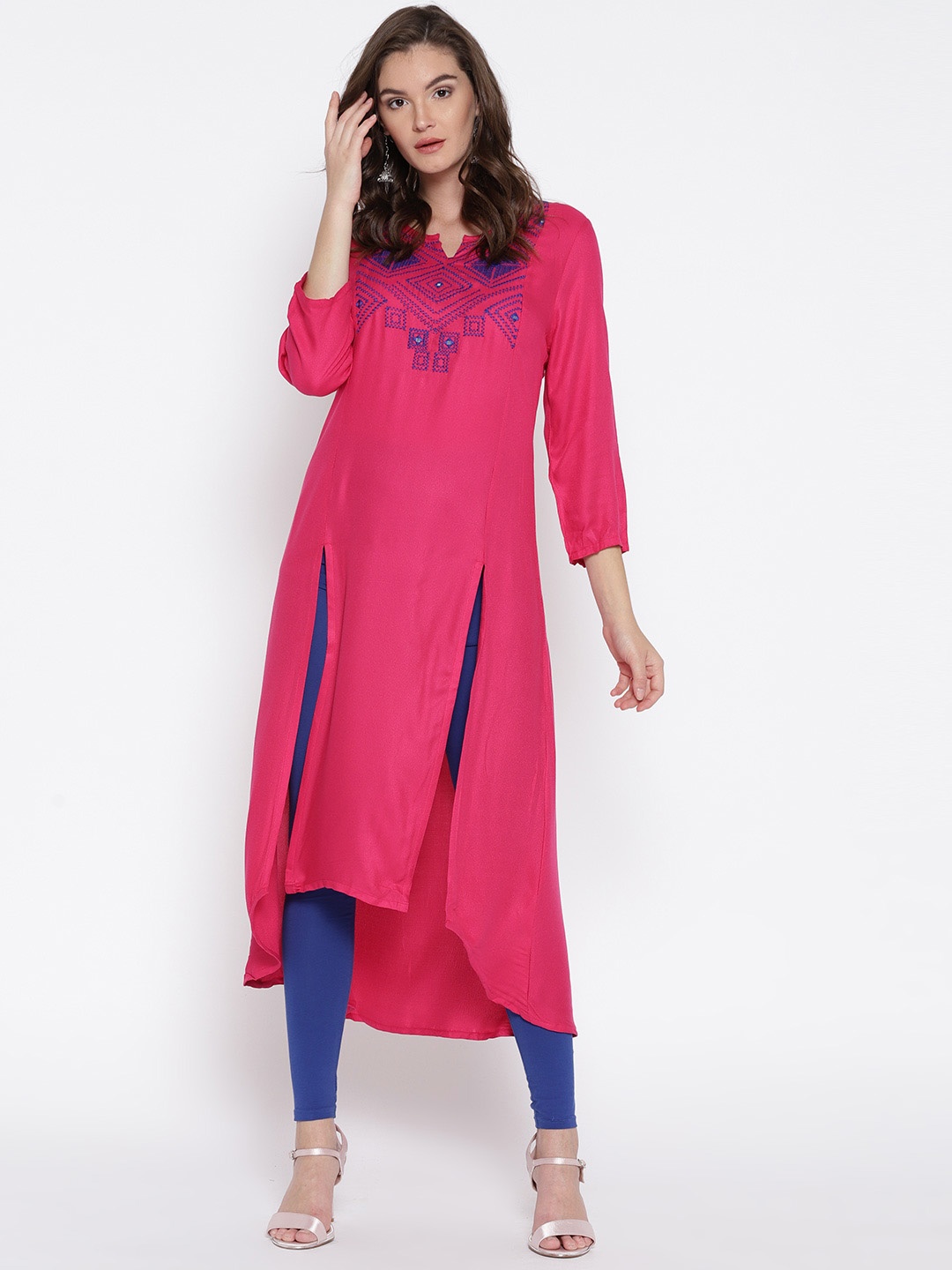 

Global Desi Pink A-Line Kurta with Embroidered Detail