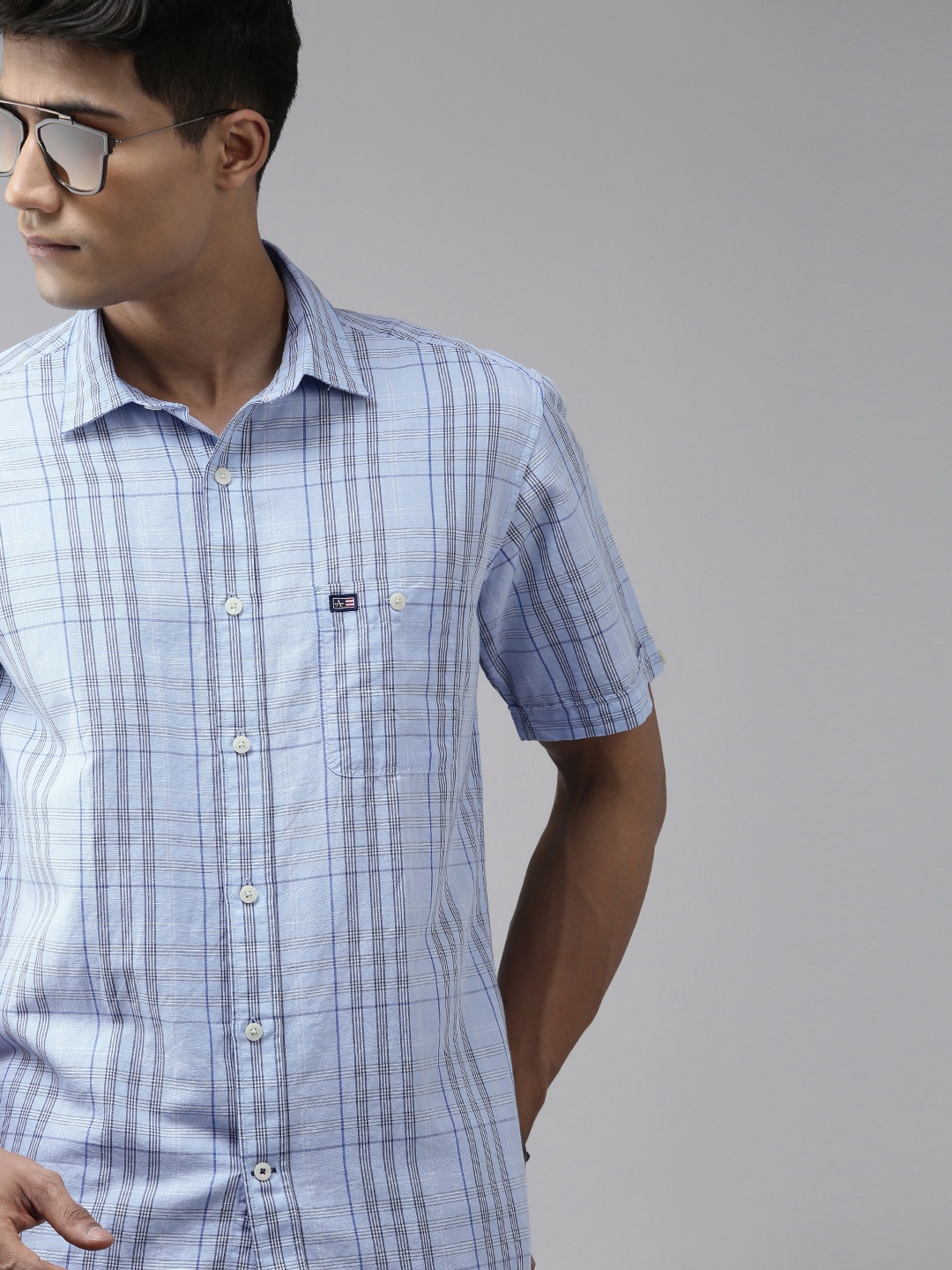 

Arrow Sport Men Light Blue Tartan Checked Regular Fit Cotton Linen Casual Shirt