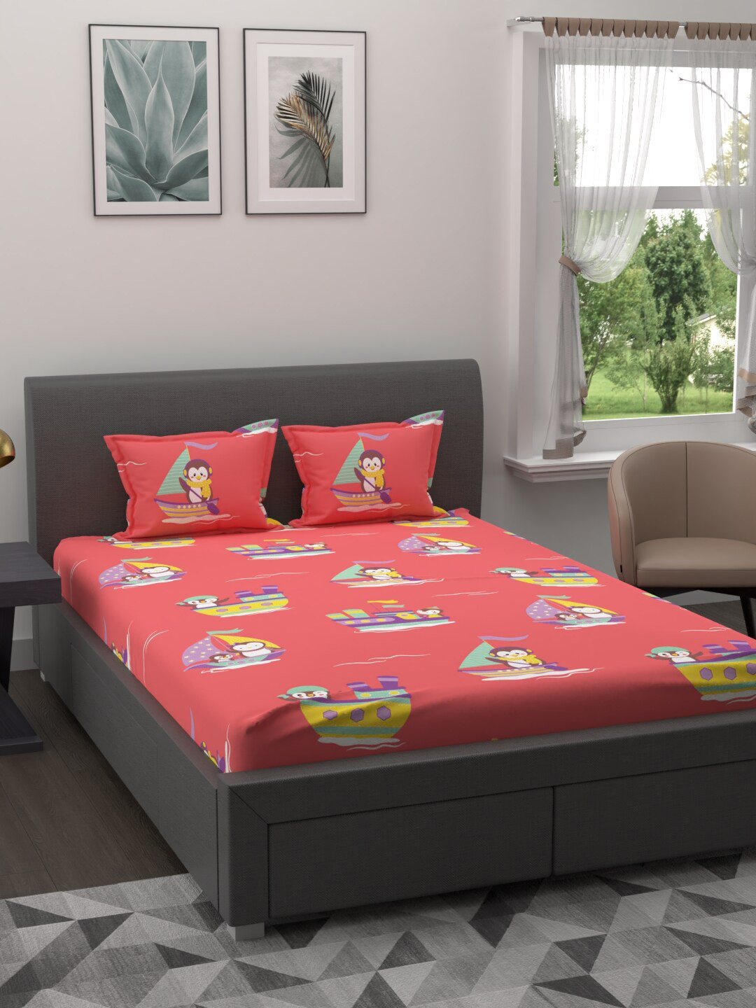 

BLUE DAHLIA Pink Graphic 210 TC King Bedsheet with 2 Pillow Covers
