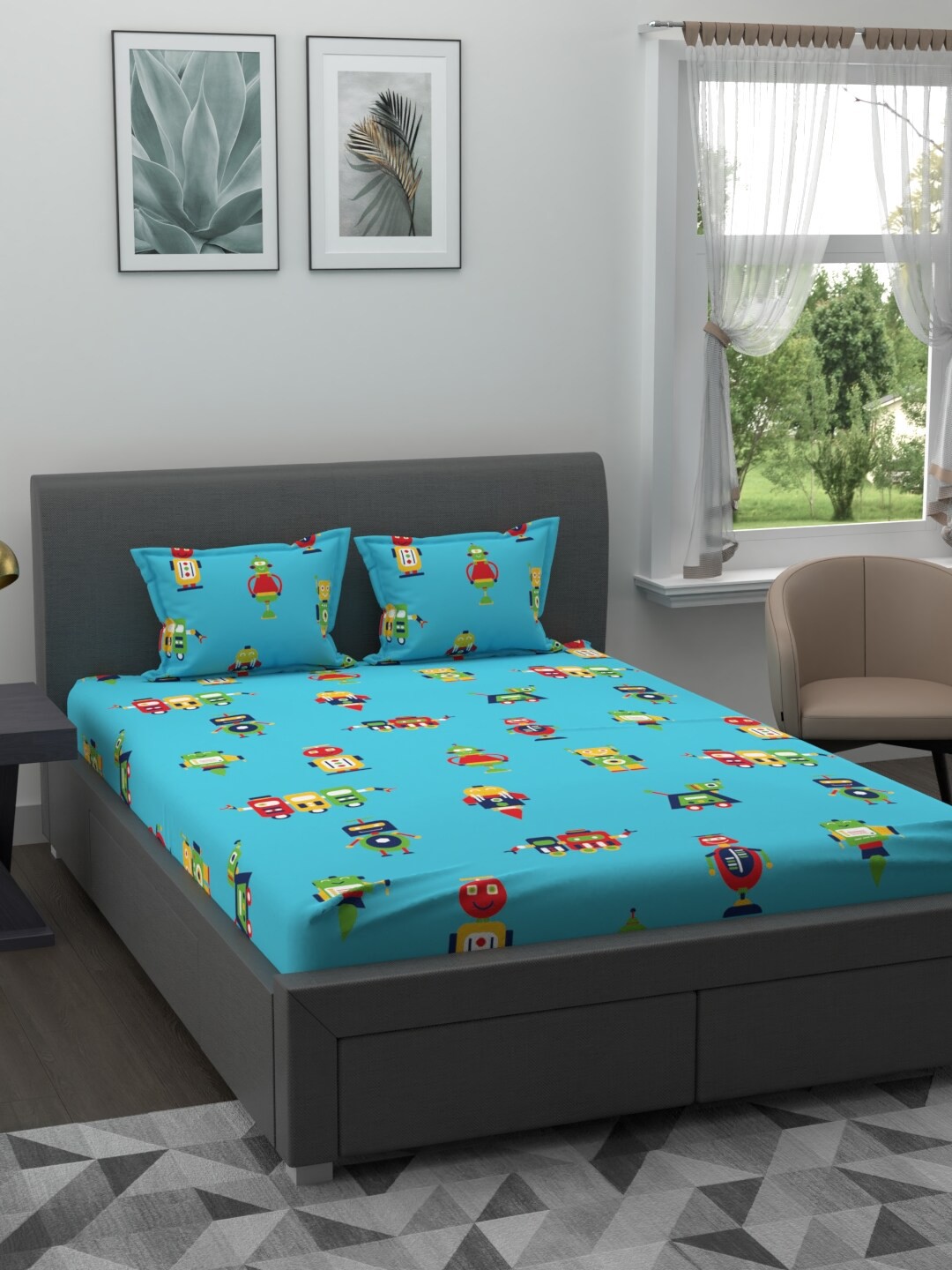 

BLUE DAHLIA Blue & Green Floral 210 TC King Bedsheet with 2 Pillow Covers