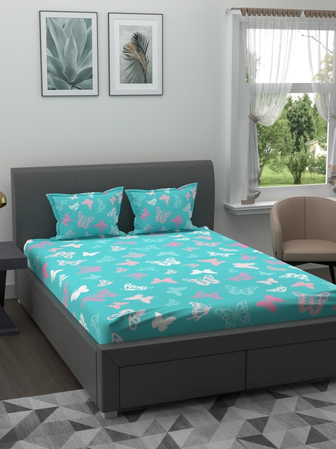 

BLUE DAHLIA Blue Floral 210 TC King Bedsheet with 2 Pillow Covers