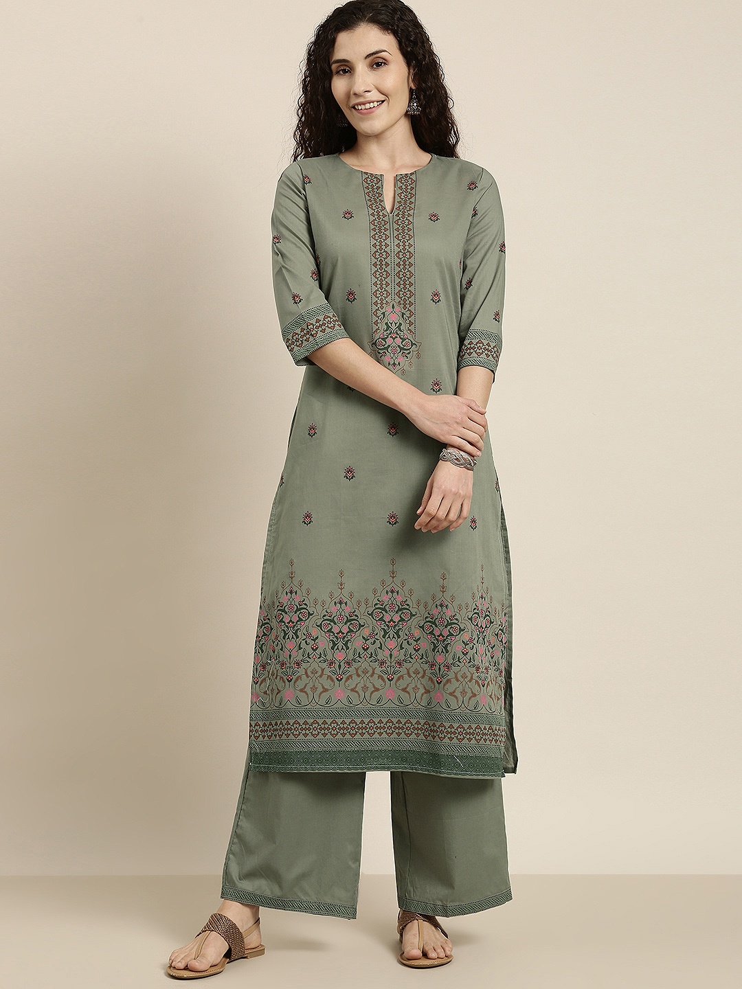 

Vishudh Women Green Ethnic Motifs Printed Pure Cotton Kurta with Palazzos