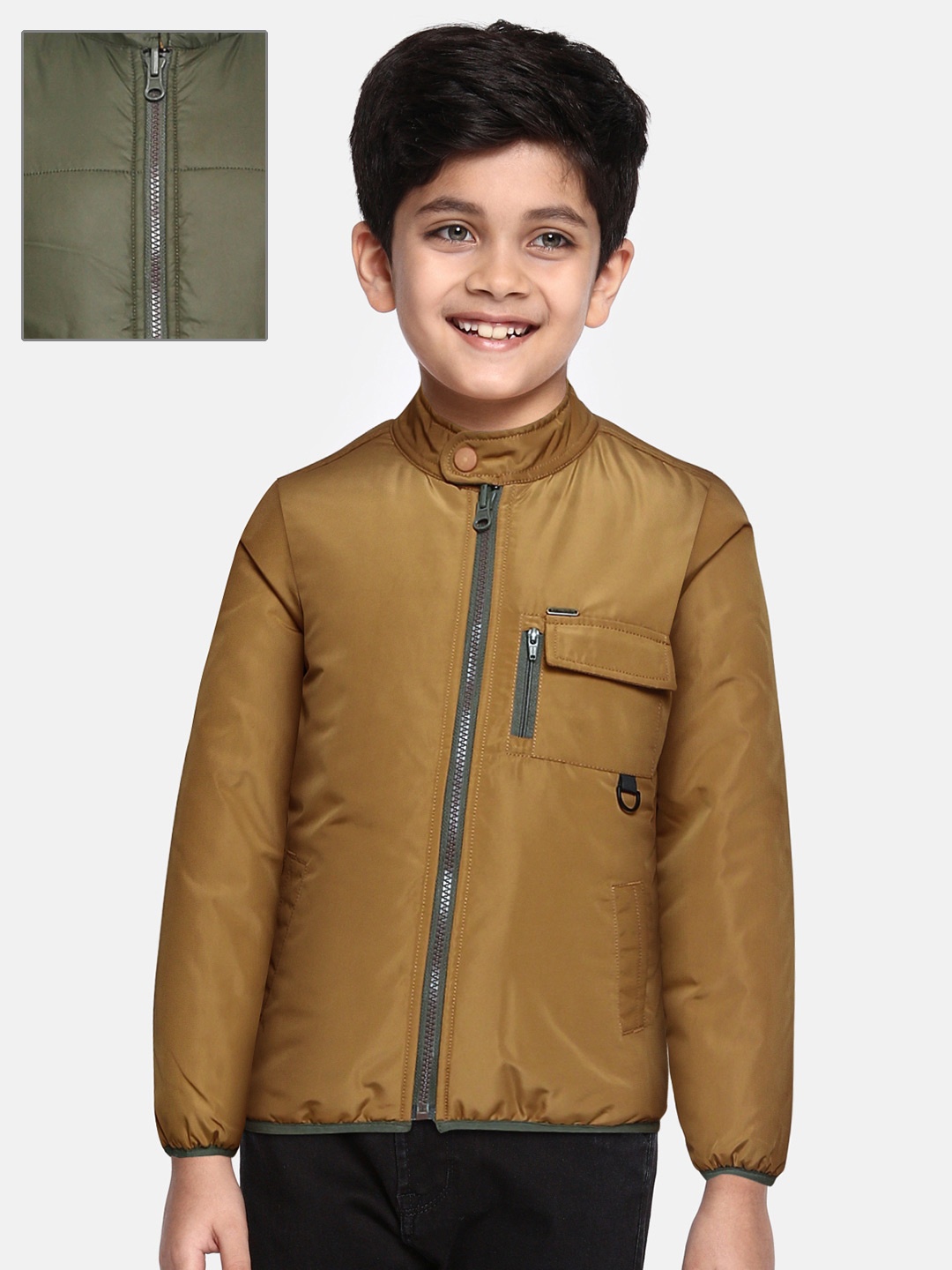 

Allen Solly Junior Boys Olive Tan Striped Reversible Padded Jacket
