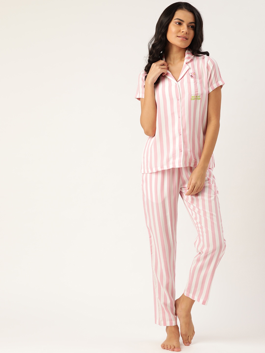 

MADAME M SECRET Women Pink & White Striped Night suit