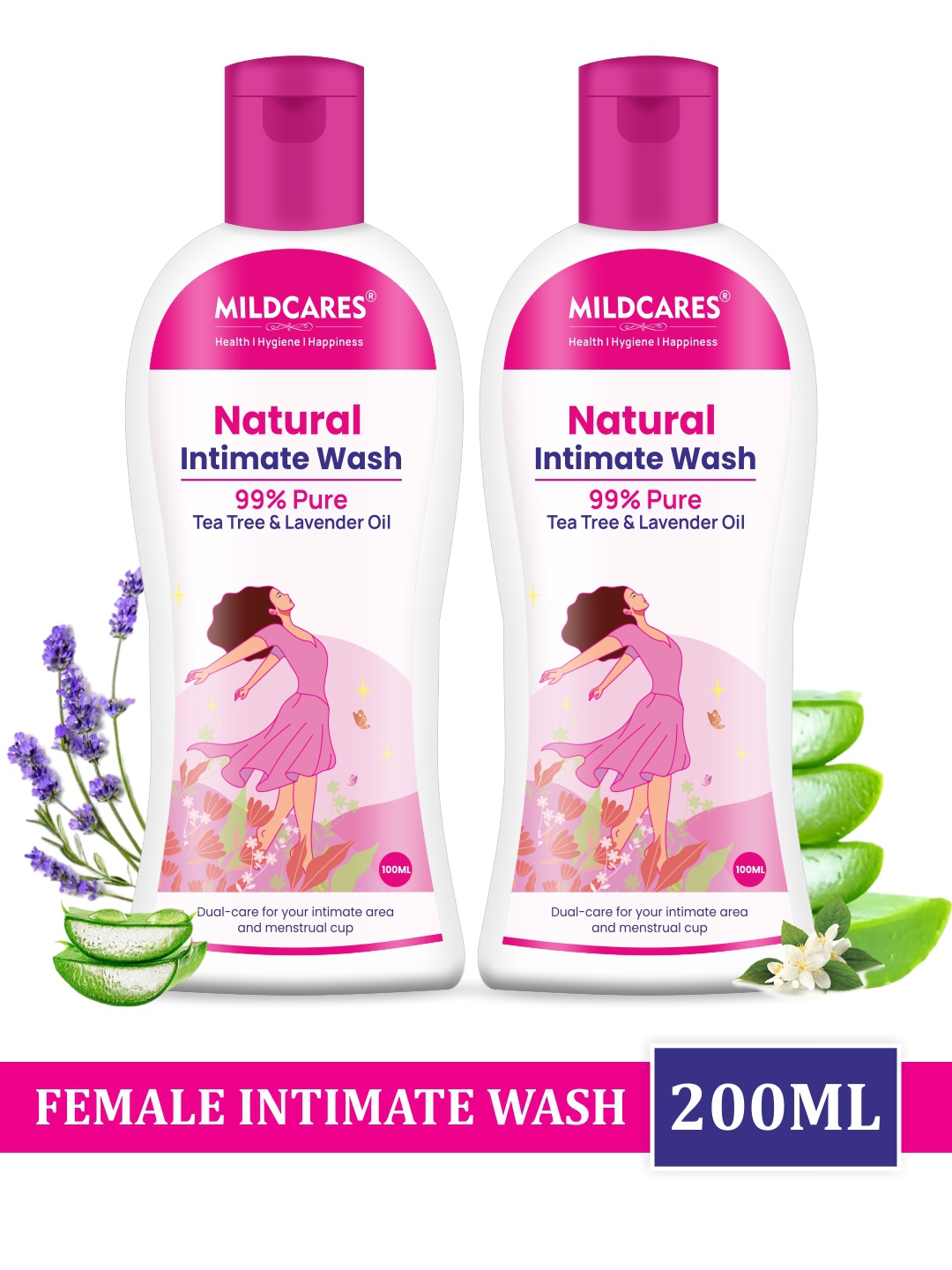 

GYNOCUP Set of 2 pH Balanced Intimate Wash with Tea Tree Oil & Aloe Vera - 100ml each, Pink