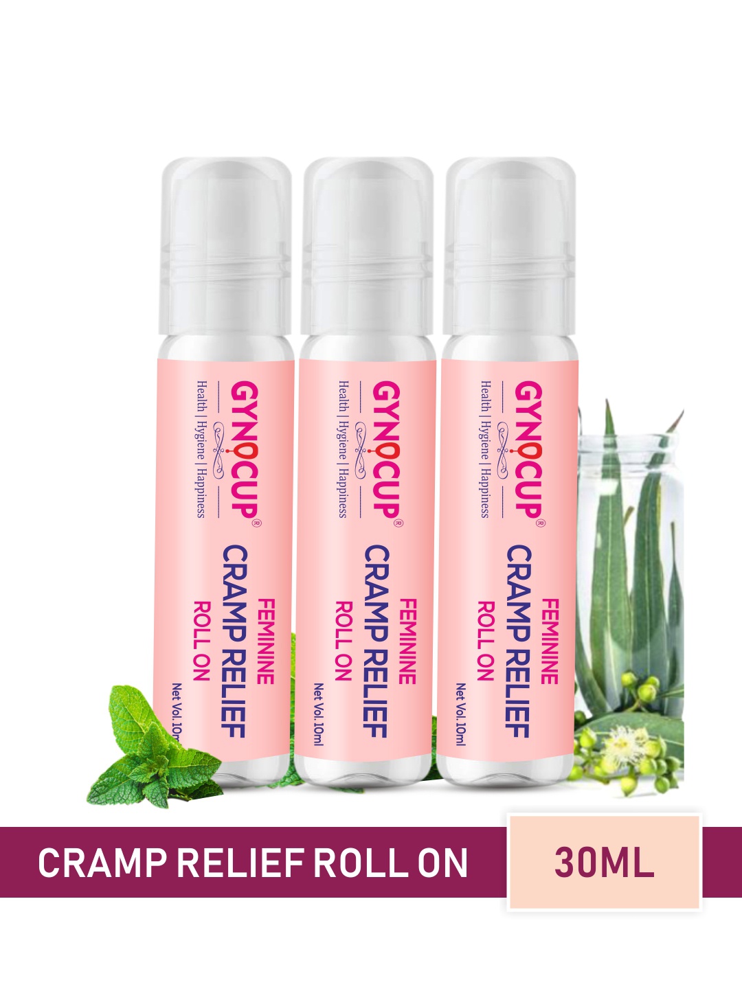 

GYNOCUP Set of 3 Feminine Cramp Relief Roll-On All in One for Periods & Lower Back Pain, Pink