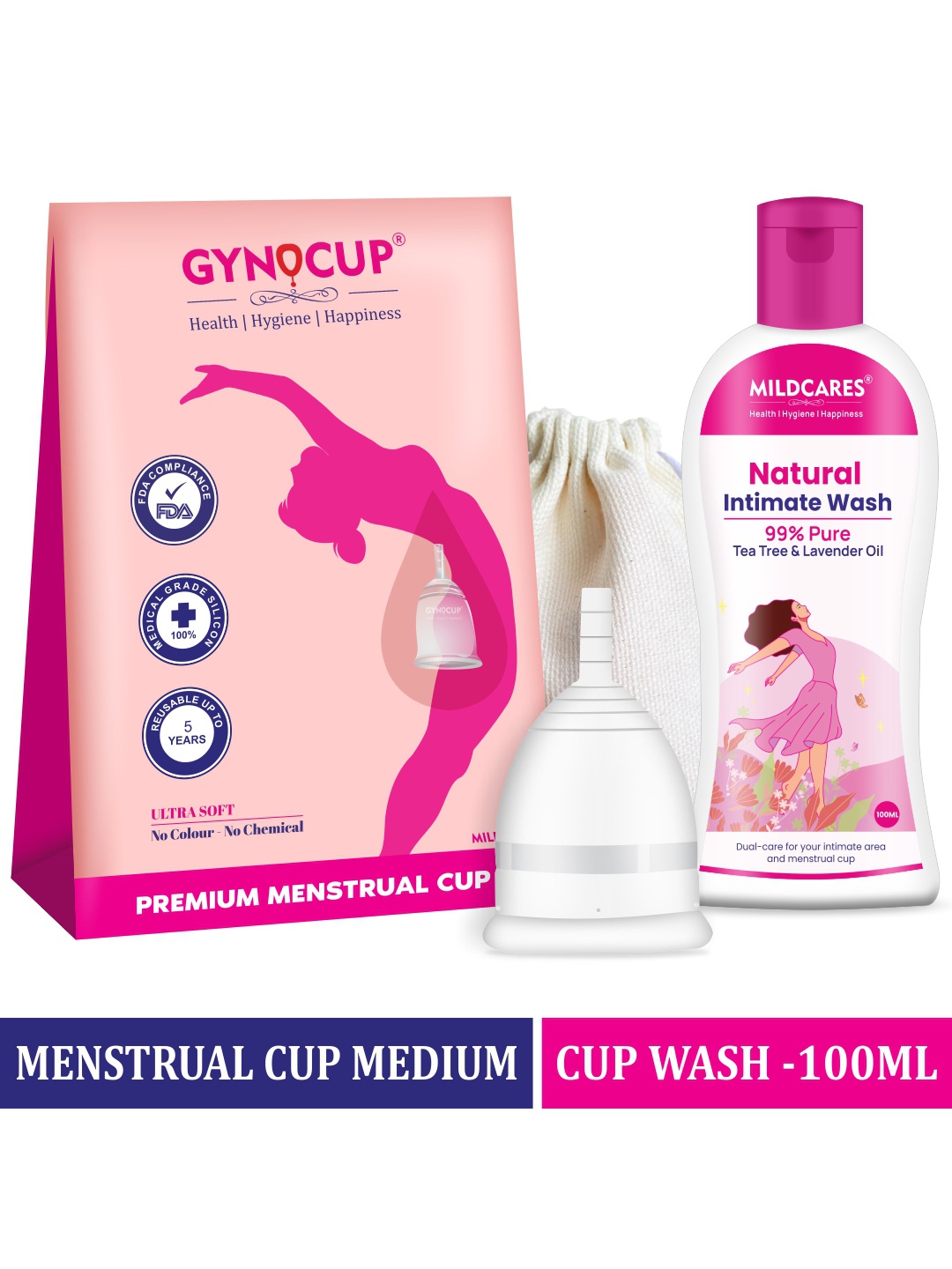 GYNOCUP Premium Reusable Menstrual Cup Medium Size With Menstrual Cup Wash 100ml, Pink