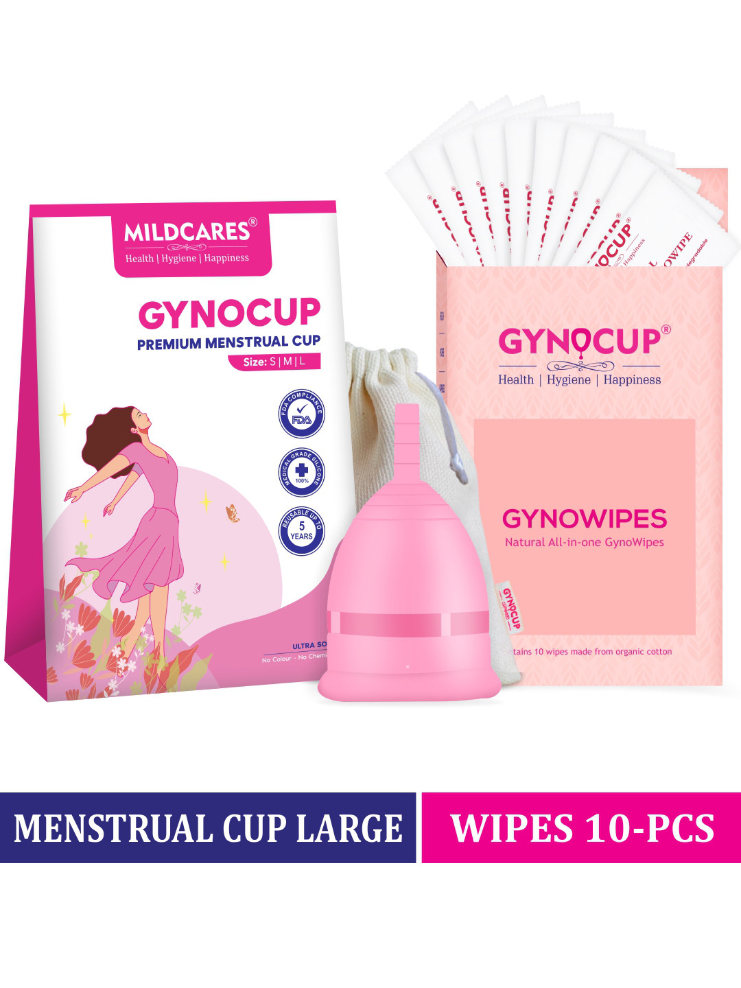 

GYNOCUP Premium Reusable Large Size Menstrual Cup With Intimate Wipes, Pink