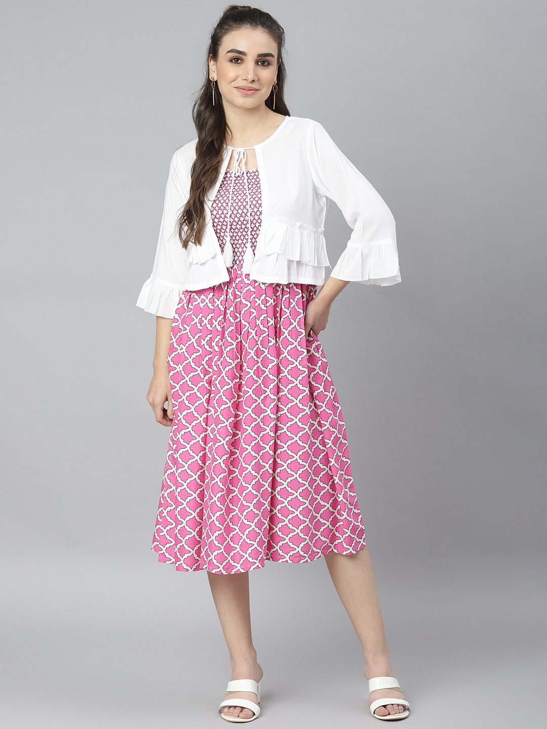 

DEEBACO Pink Printed Midi Fit & Flare Dress