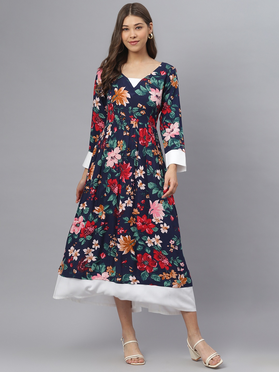 

DEEBACO Navy Printed Floral Midi Dress with White Accents, Navy blue