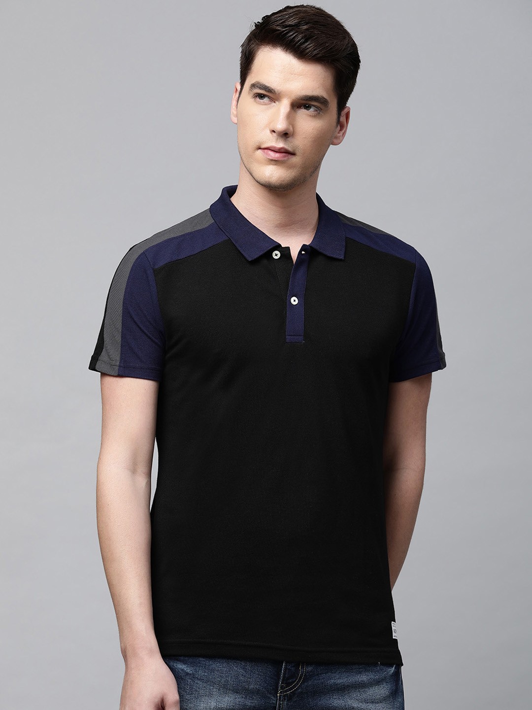 

abof Men Black Polo Collar T-shirt
