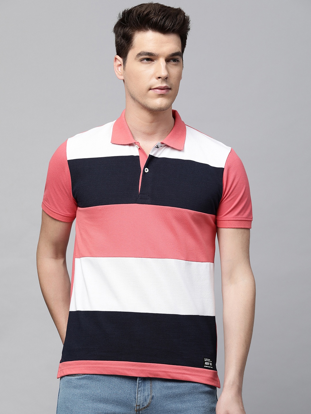 

abof Men Navy Blue & Pink Colourblocked Polo Collar T-shirt