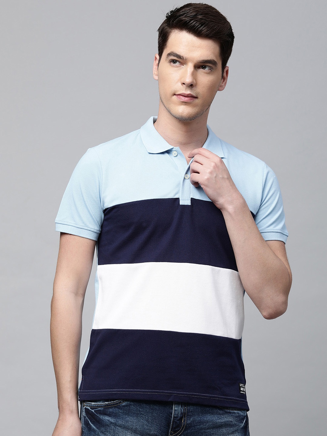 

abof Men Navy Blue & White Colourblocked Polo Collar T-shirt